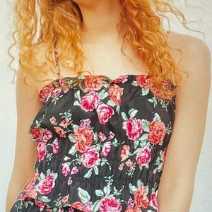 H&M Smocked Crop Top Floral Black w/Roses (M) New With Tags